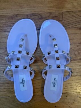 Valentino White Patent Rockstud Triple-Strap Slide Sandals
